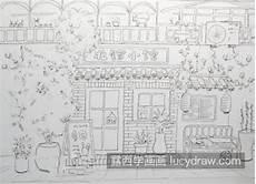 线描画老街风景图片